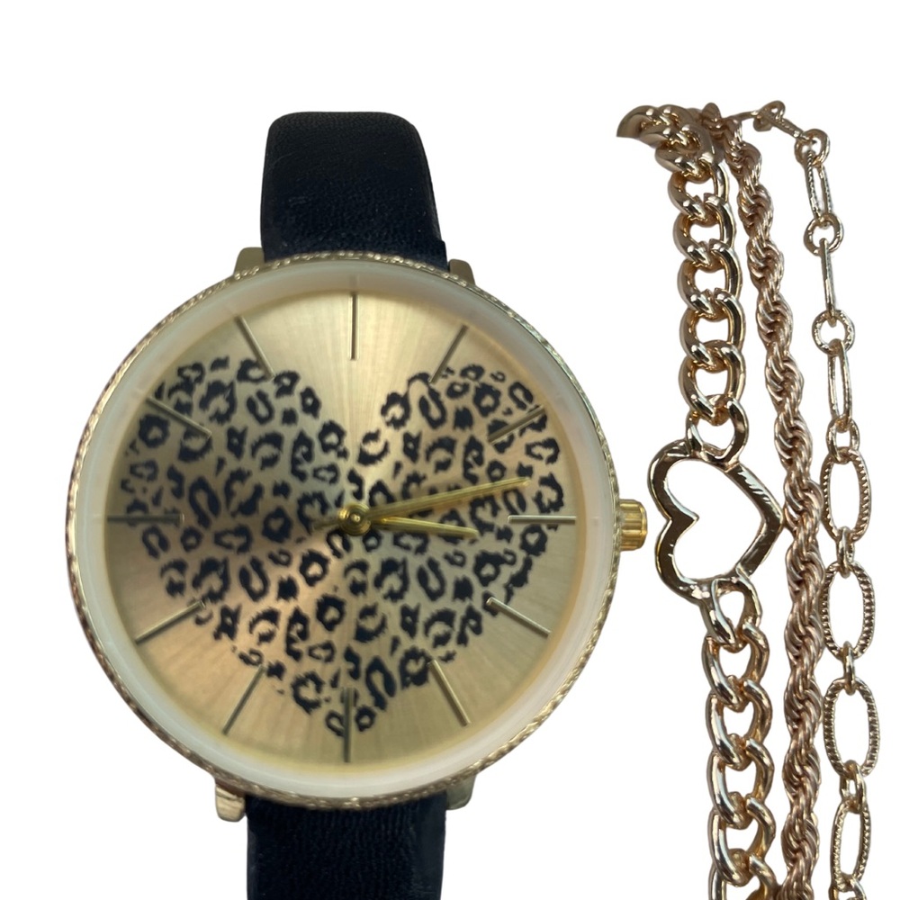 INC International Concepts Black Gold Cheetah Watch Bracelet Set - Picture 2 of 4